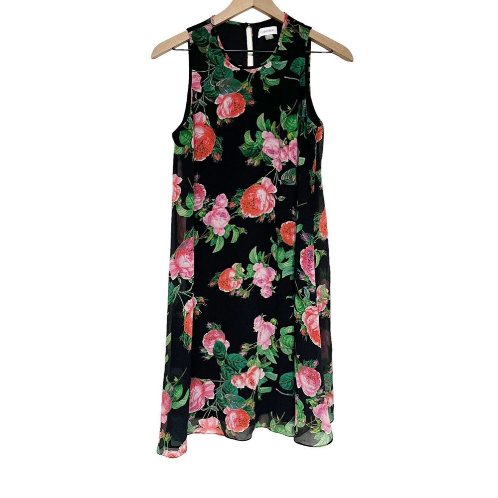 Calvin Klein Rose Floral Pattern Sleeveless Shift Dress Womens Size 8 Chiffon